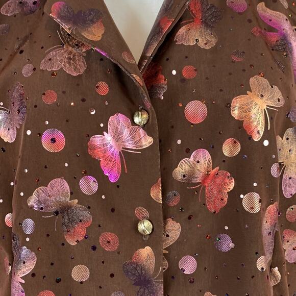 Vintage Unbranded Butterfly and sequin hologram gold button blouse, 1X - Picture 3 of 8